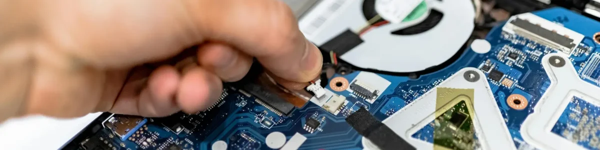 Close-up view of a hand fixing a computer motherboard showcasing technology and electronics repair.